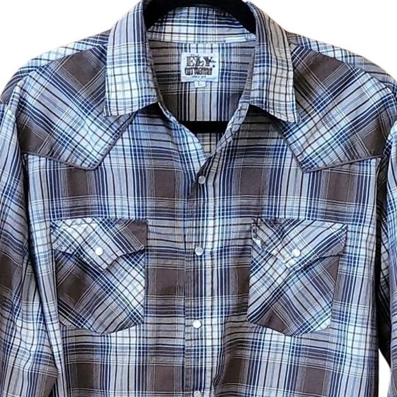 Vintage Ely Cattleman Western Pearl Snap Shirt Brown Blue Plaid Long Sleeve L - Picture 1 of 13